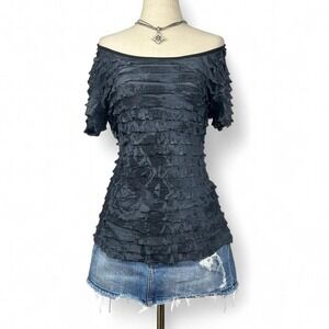 Vintage Y2K Animal Print Ruffle Top Womens L Grunge Indie Goth